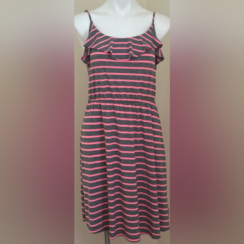 MOSSIMO Gray & Pink Striped Adjustable Straps Elastic Waist T Shirt Dress Sz L - Picture 2 of 13